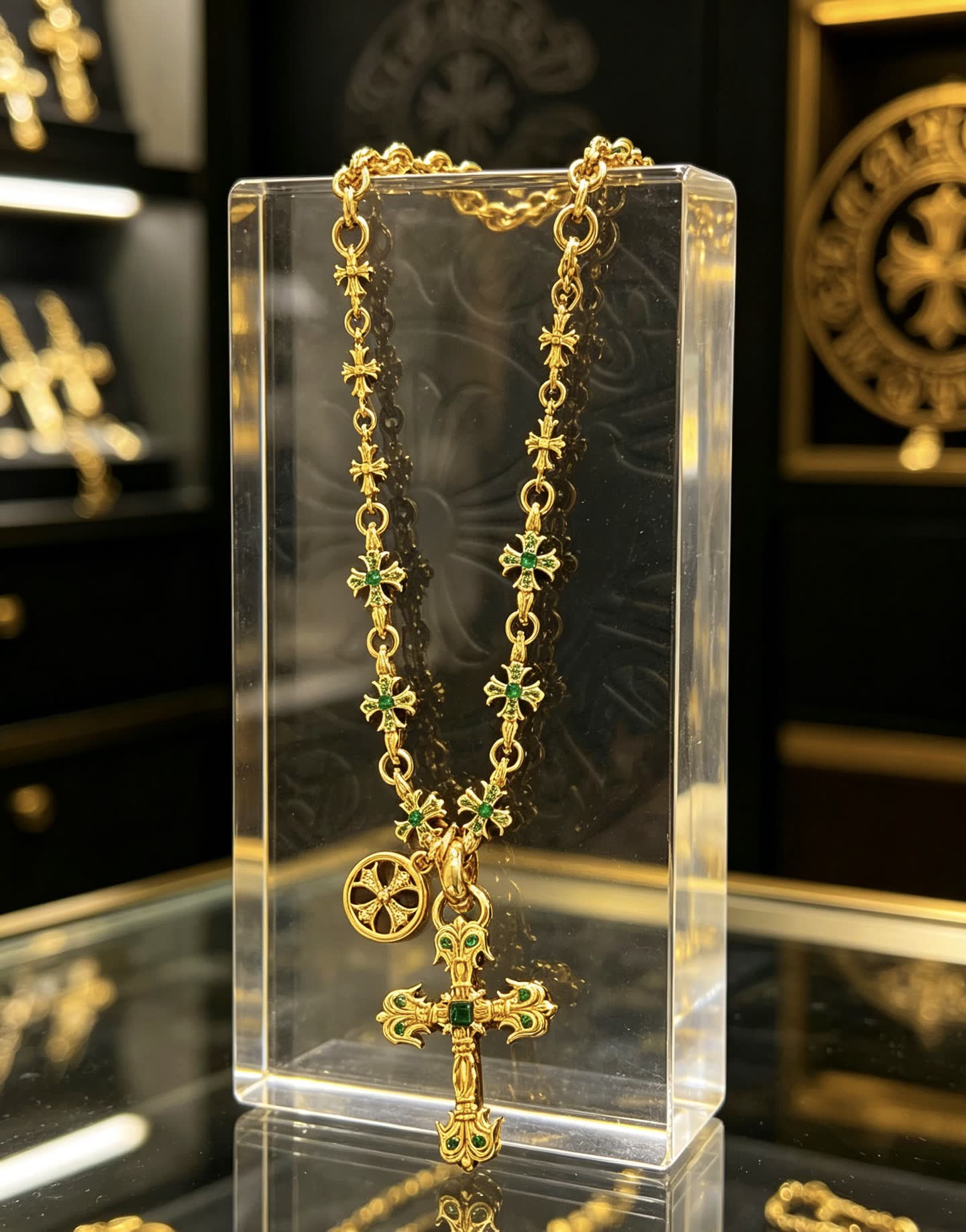 Chrome Hearts Gold Cross Pendant Necklace with Emerald Accents